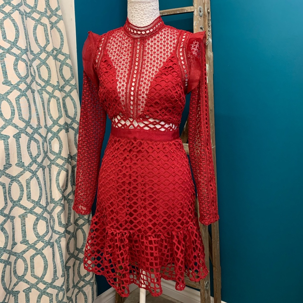 Red Lacy Cutout Long Sleeve Mini Cocktail Dress BNWT